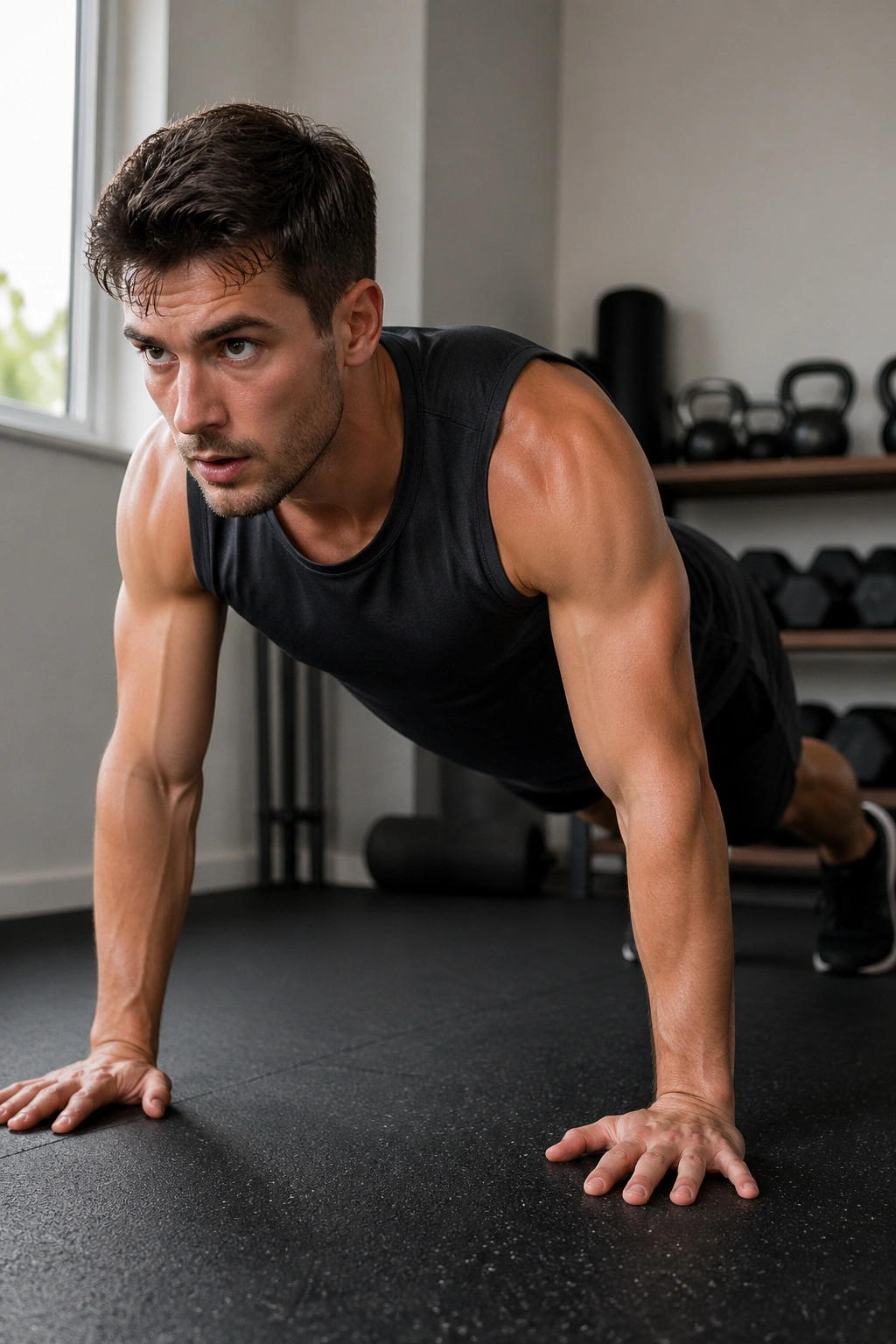 Medium close-up of a person performing an EMOM power circuit move at home