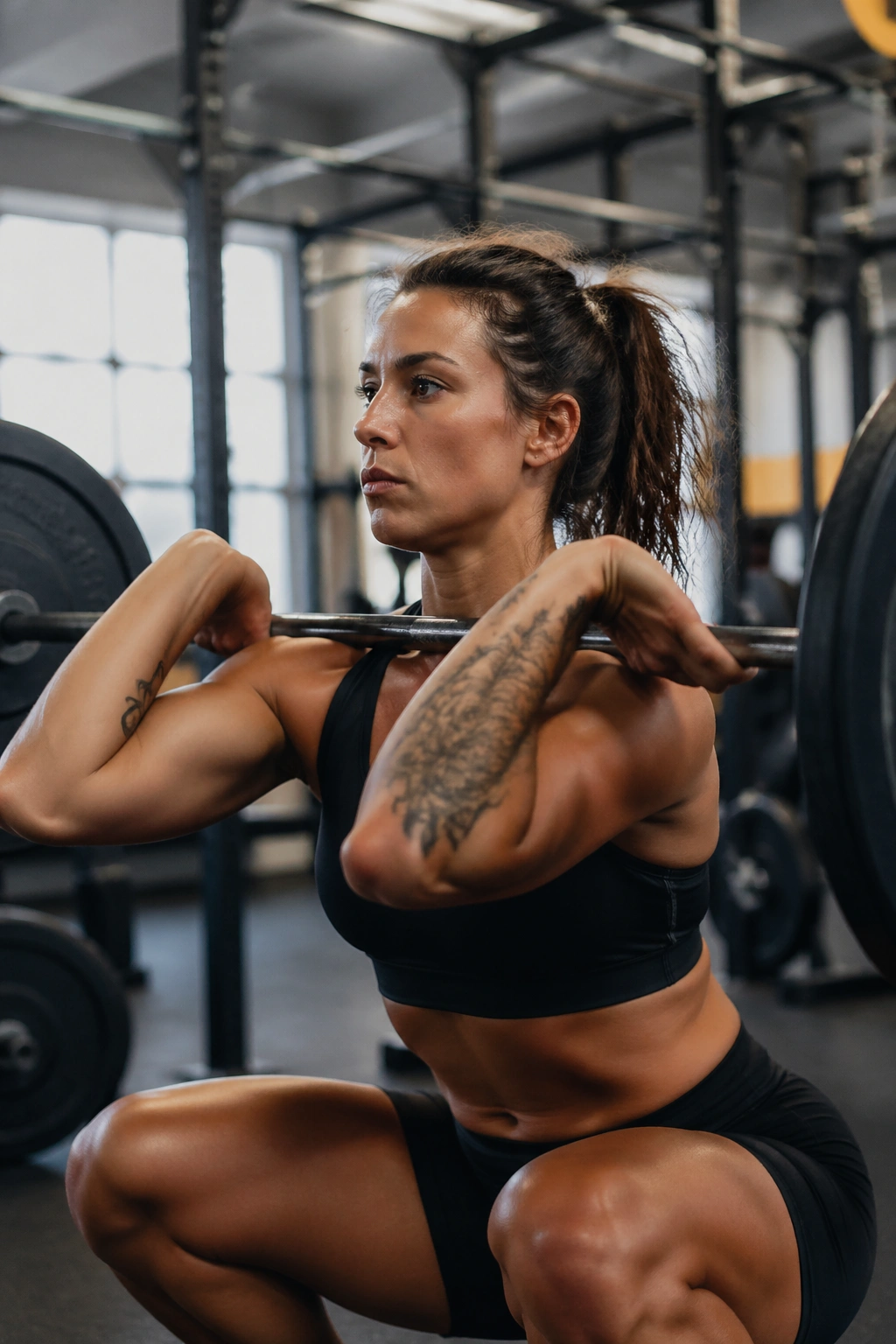 Medium close-up of a person performing a weightlifting movement in a gym