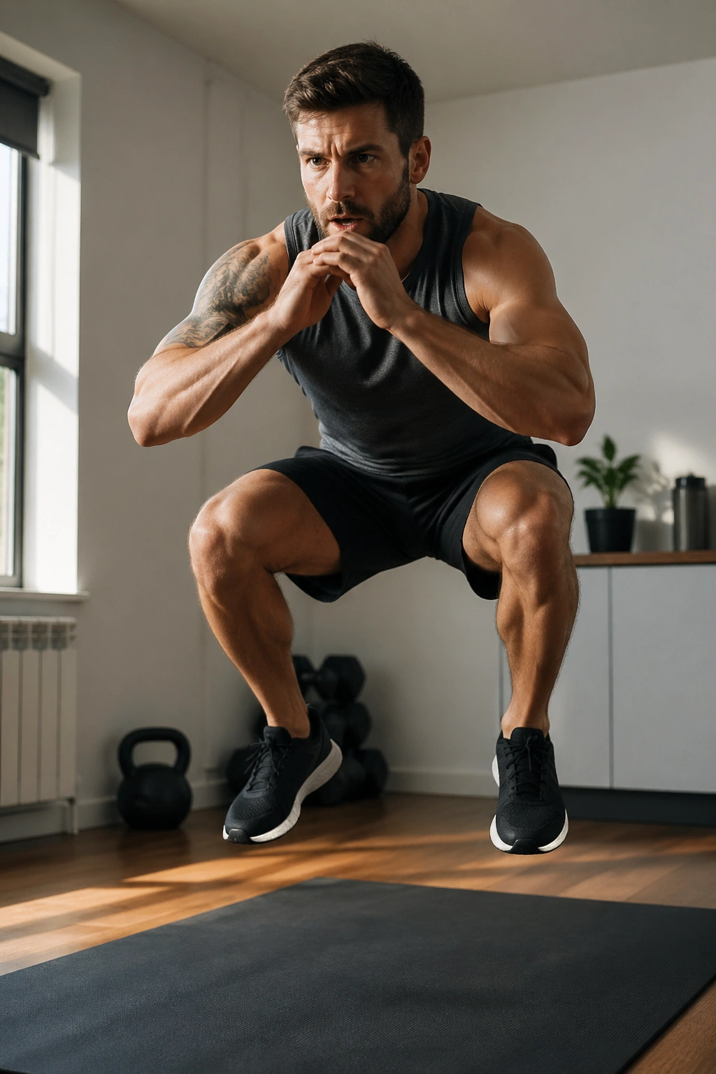 Medium close-up of a person performing squat jumps on a mat
