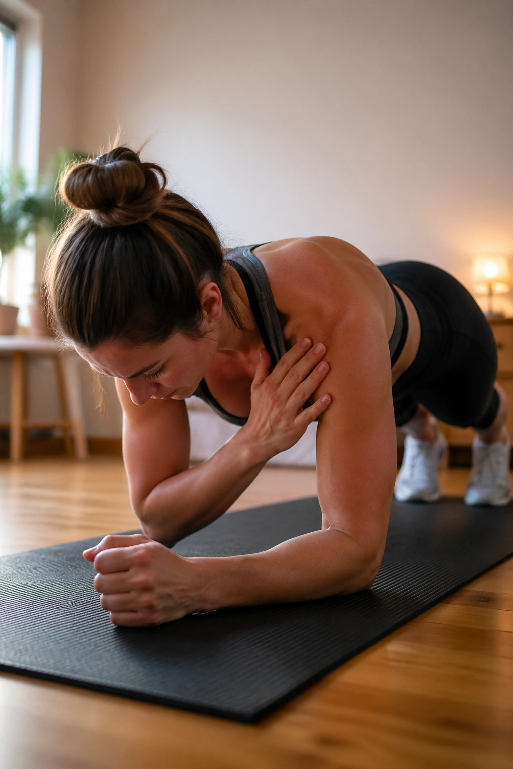 Person in forearm plank with shoulder taps on a mat at home