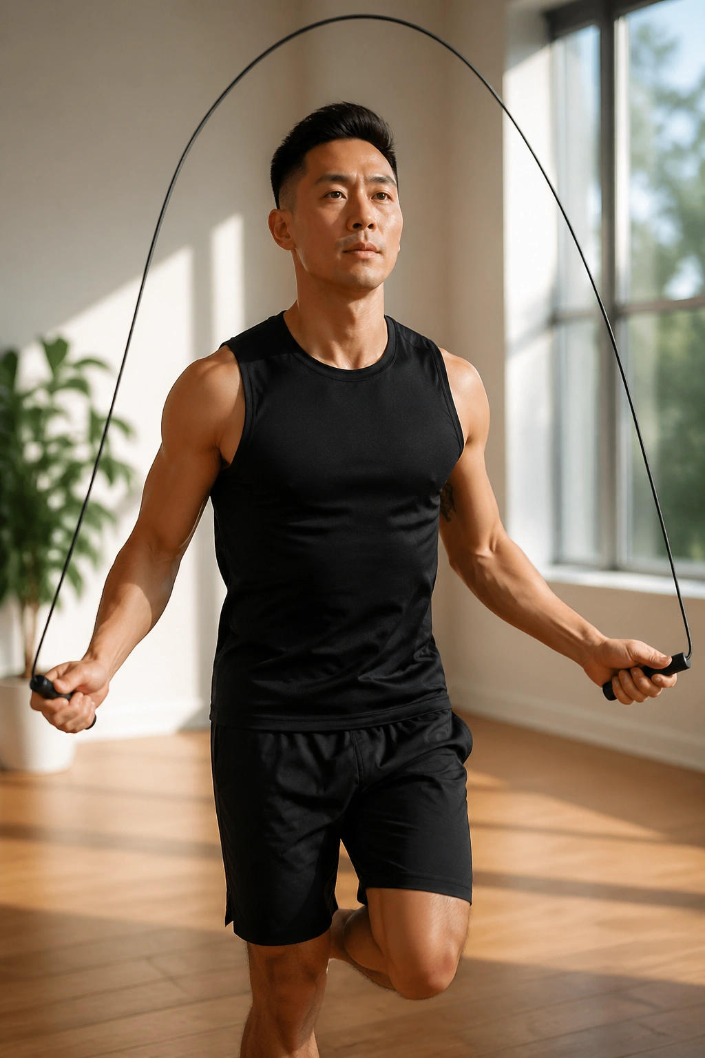 Medium close-up of a person jump roping in a home setting for endurance ladder