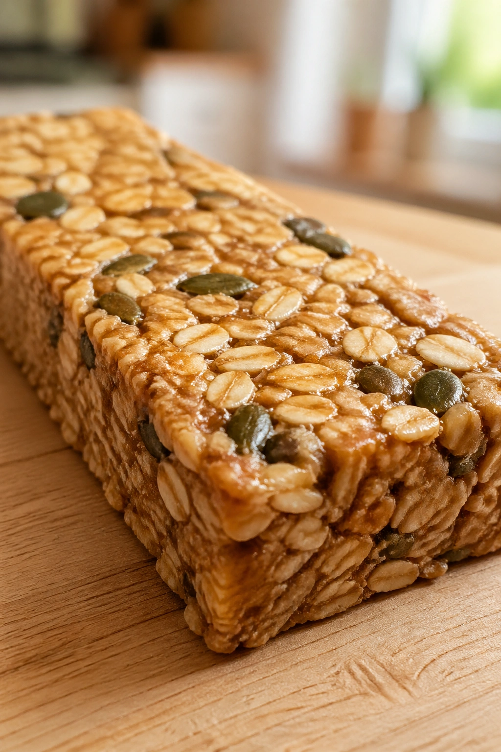 Close-up of a single energy bar on a wooden counter with natural window light