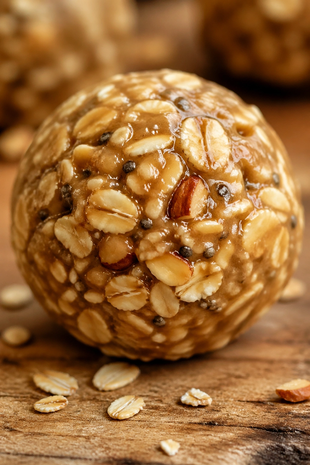 Close-up of a homemade energy bite on a rustic surface