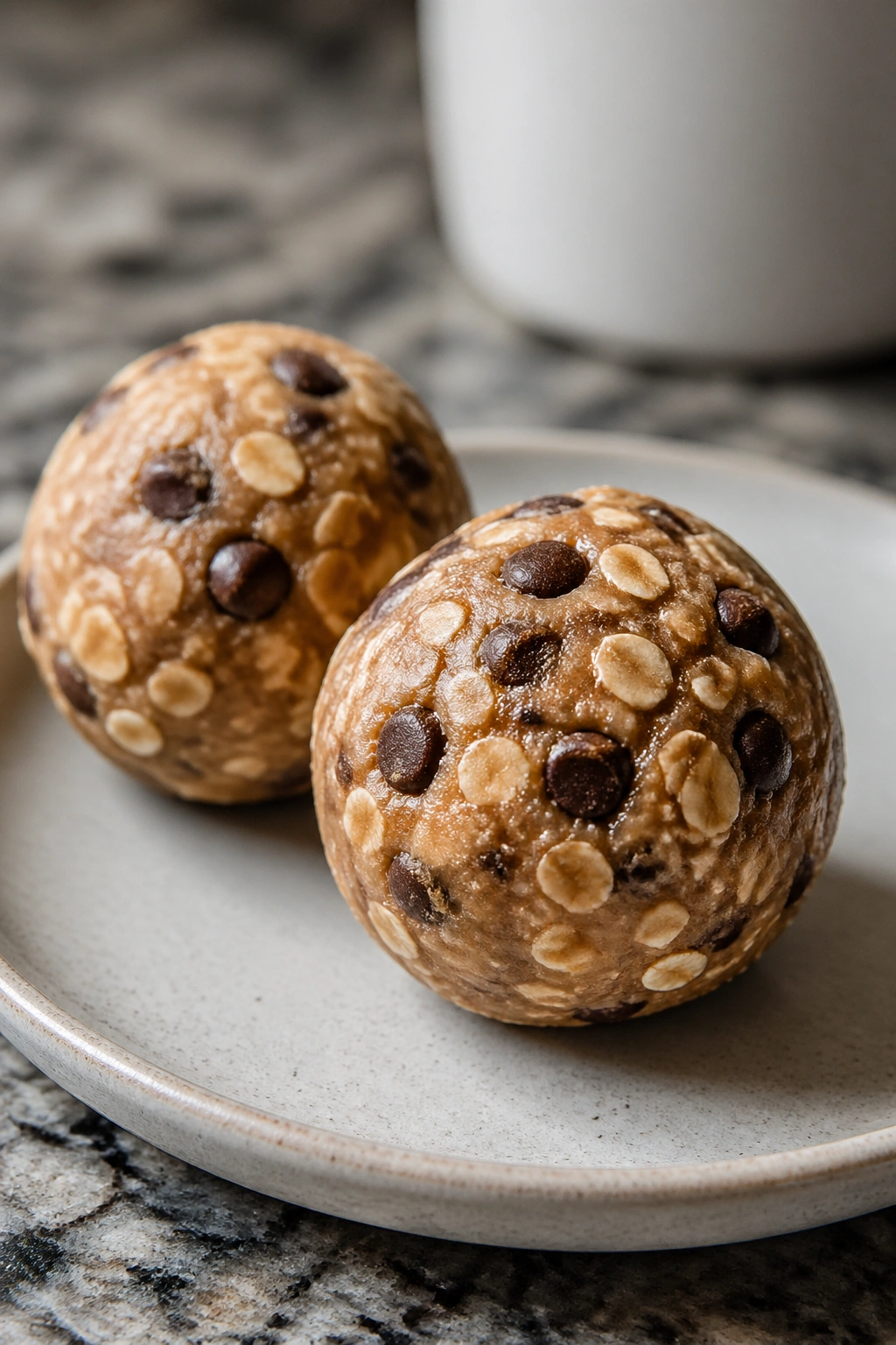 Two energy bites on a plate with oats and chocolate chips