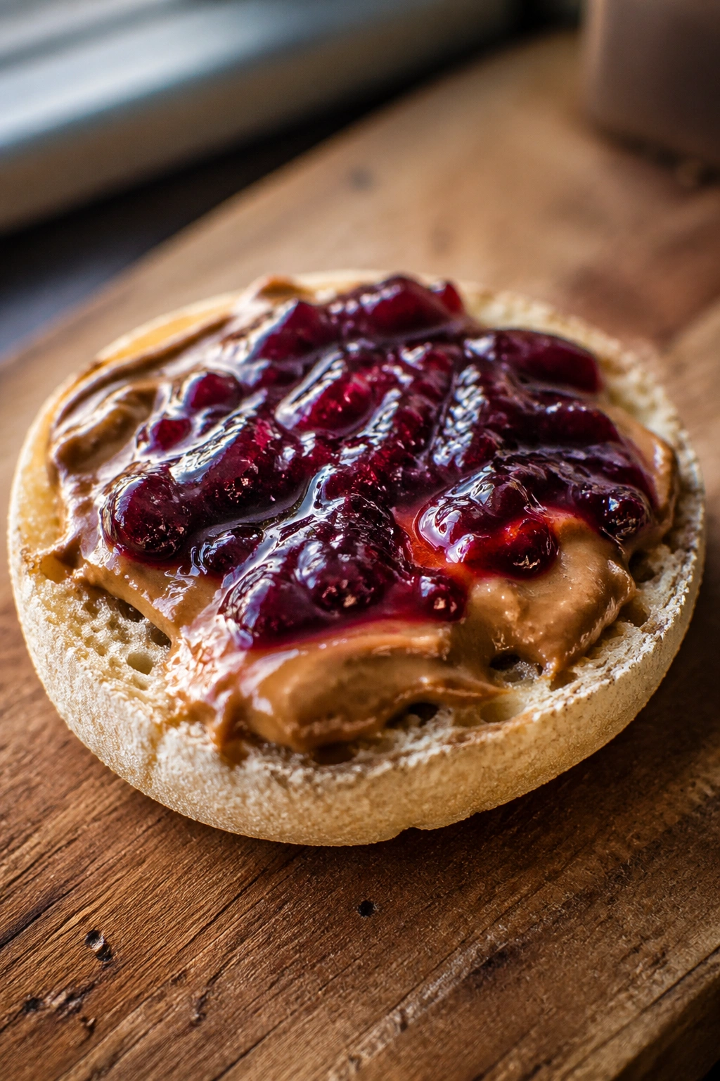 Close-up of English muffin half with almond butter and jelly on a rustic wood surface
