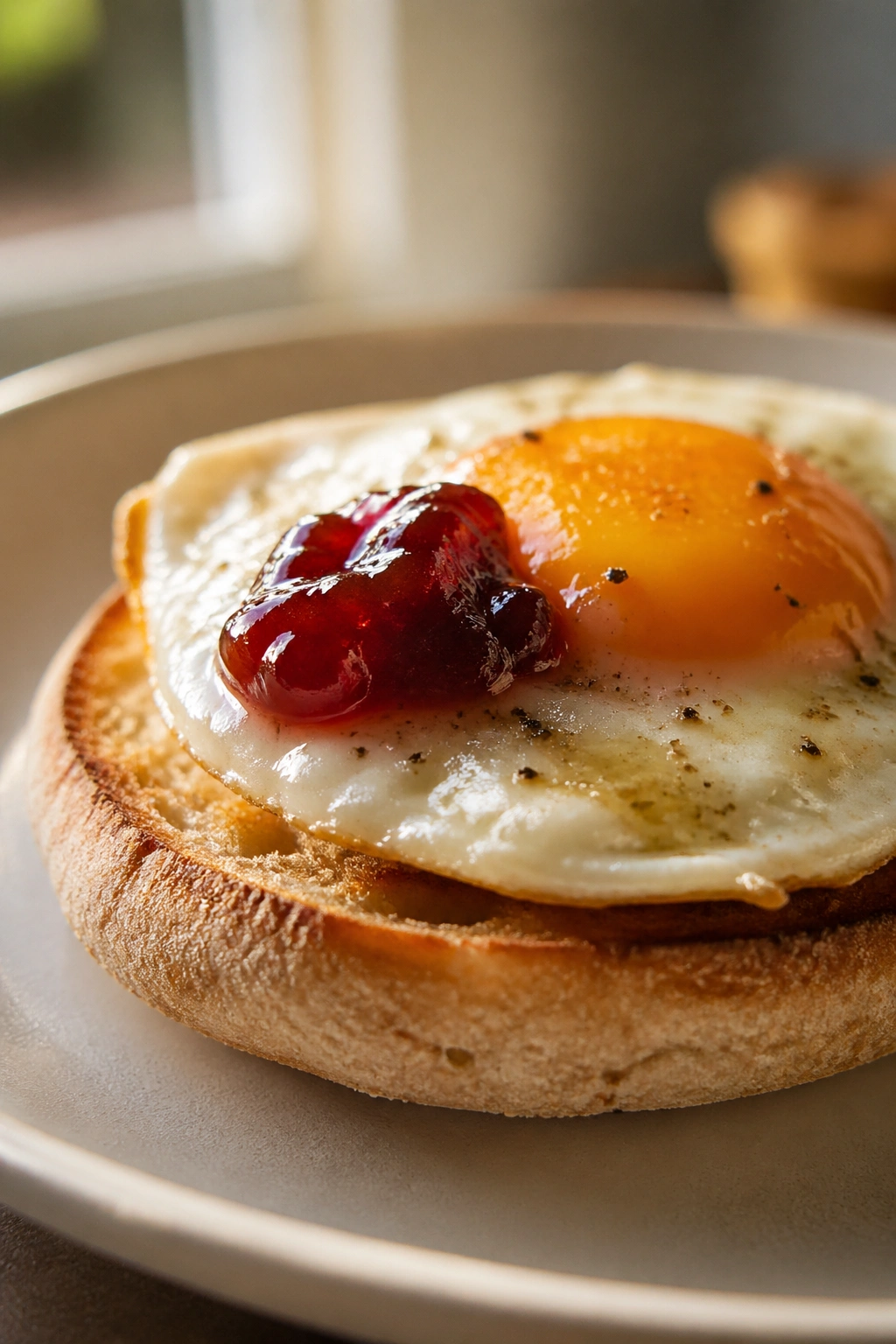 Toasted English muffin with egg and jam in a cozy morning kitchen