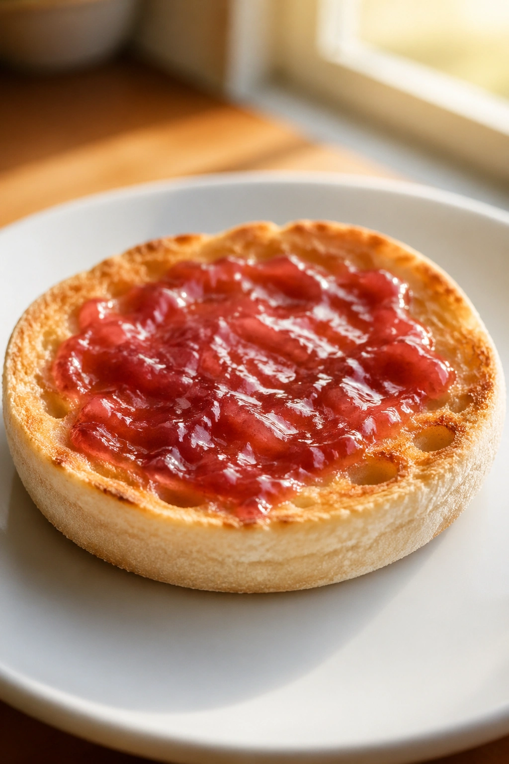 Toasted English muffin with jam on a plate in morning light