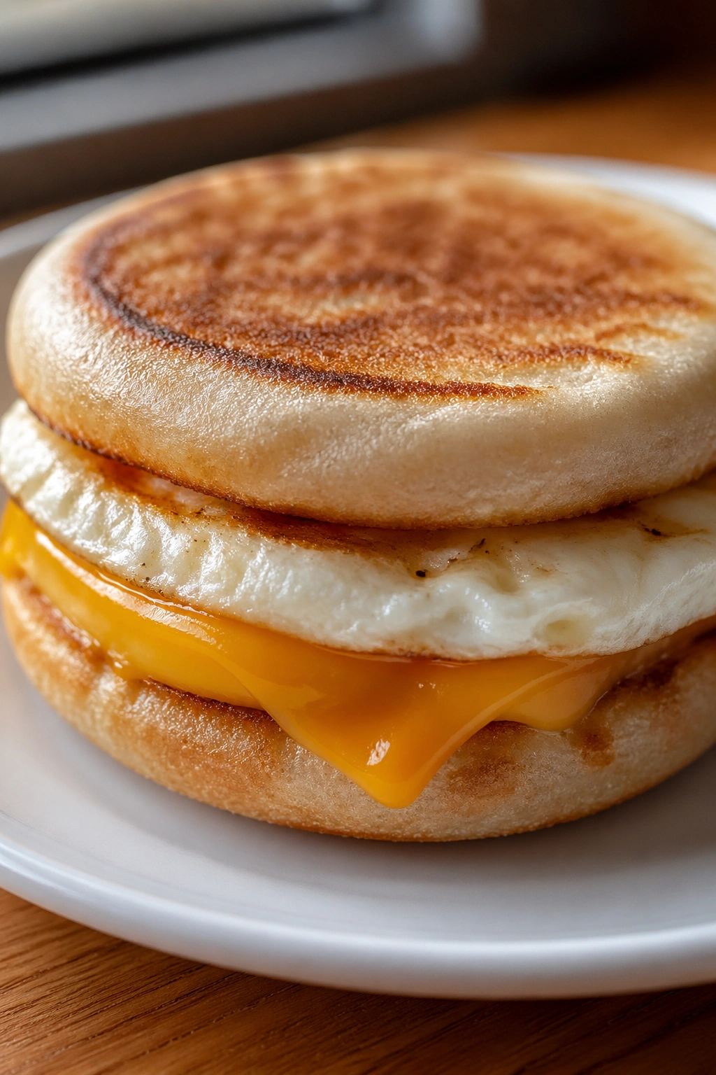 Close-up of an English muffin breakfast sandwich with egg and cheese on a plate in a bright kitchen