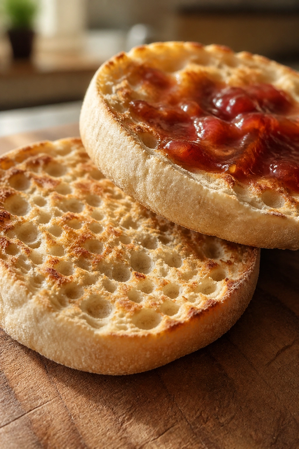 Split toasted English muffin with jam on a kitchen counter, close-up.