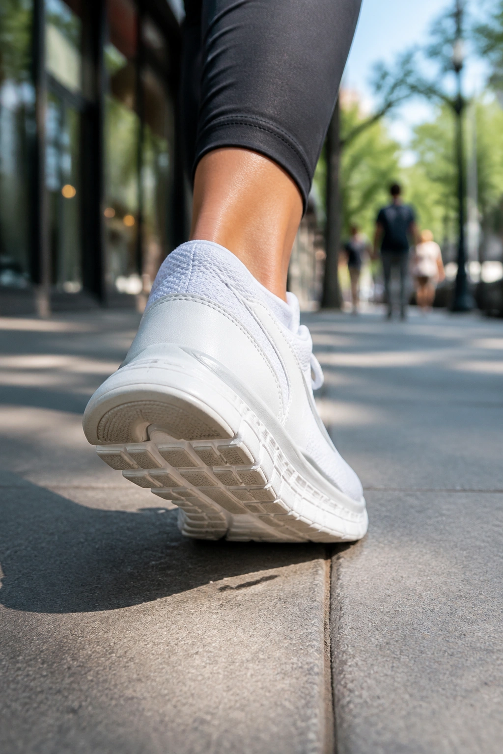 Close-up of a sneaker stepping on a city sidewalk illustrating extra miles from errands