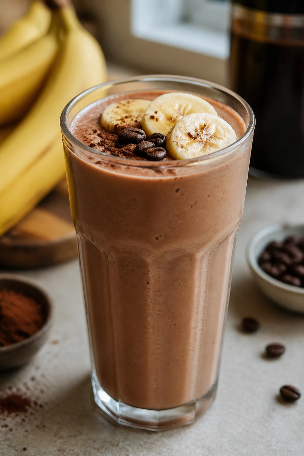 Espresso banana cocoa shake in a tall glass.