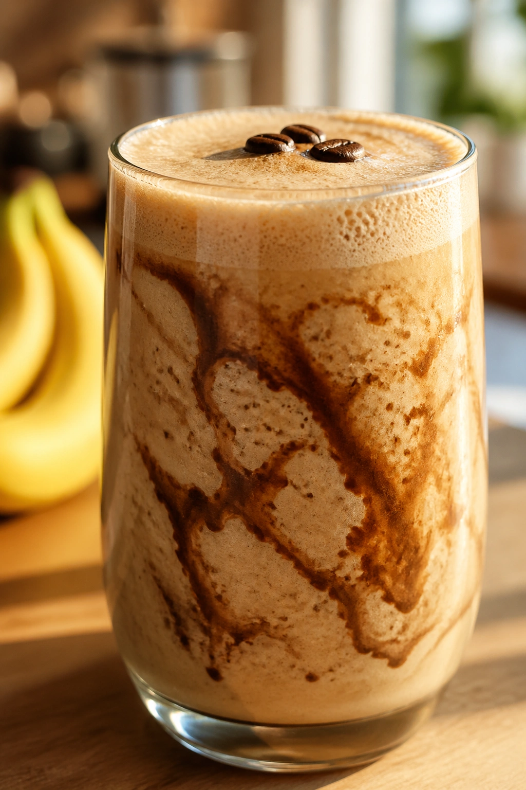 Close-up of espresso banana shake in a glass