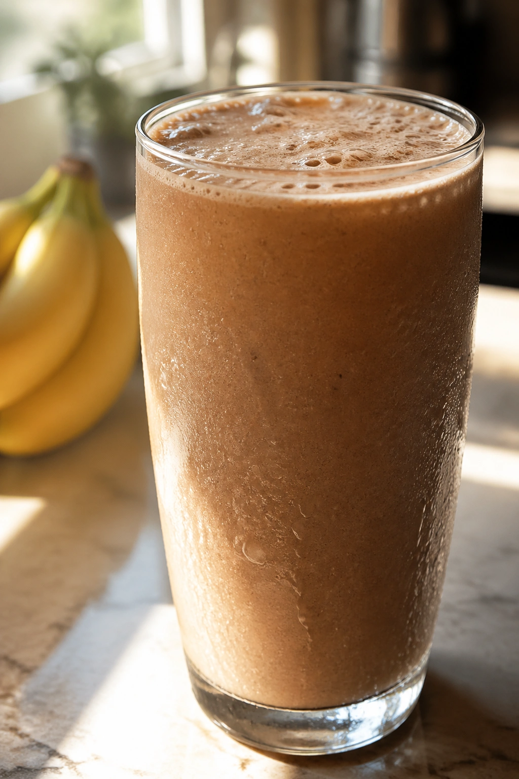 Close-up of a thick espresso banana protein shake in a glass on a sunny kitchen counter