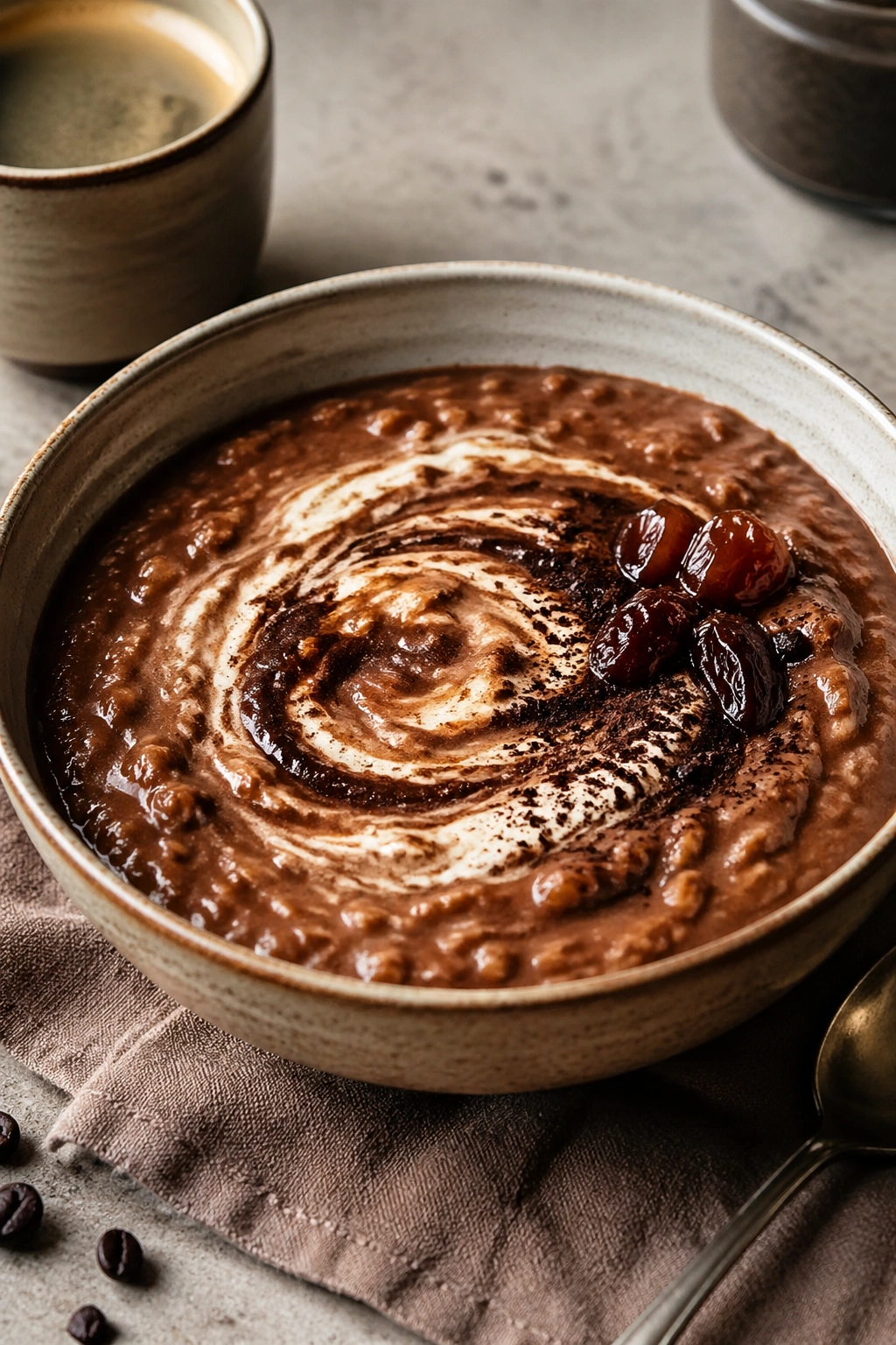 Espresso cocoa power oats close-up with mocha tones