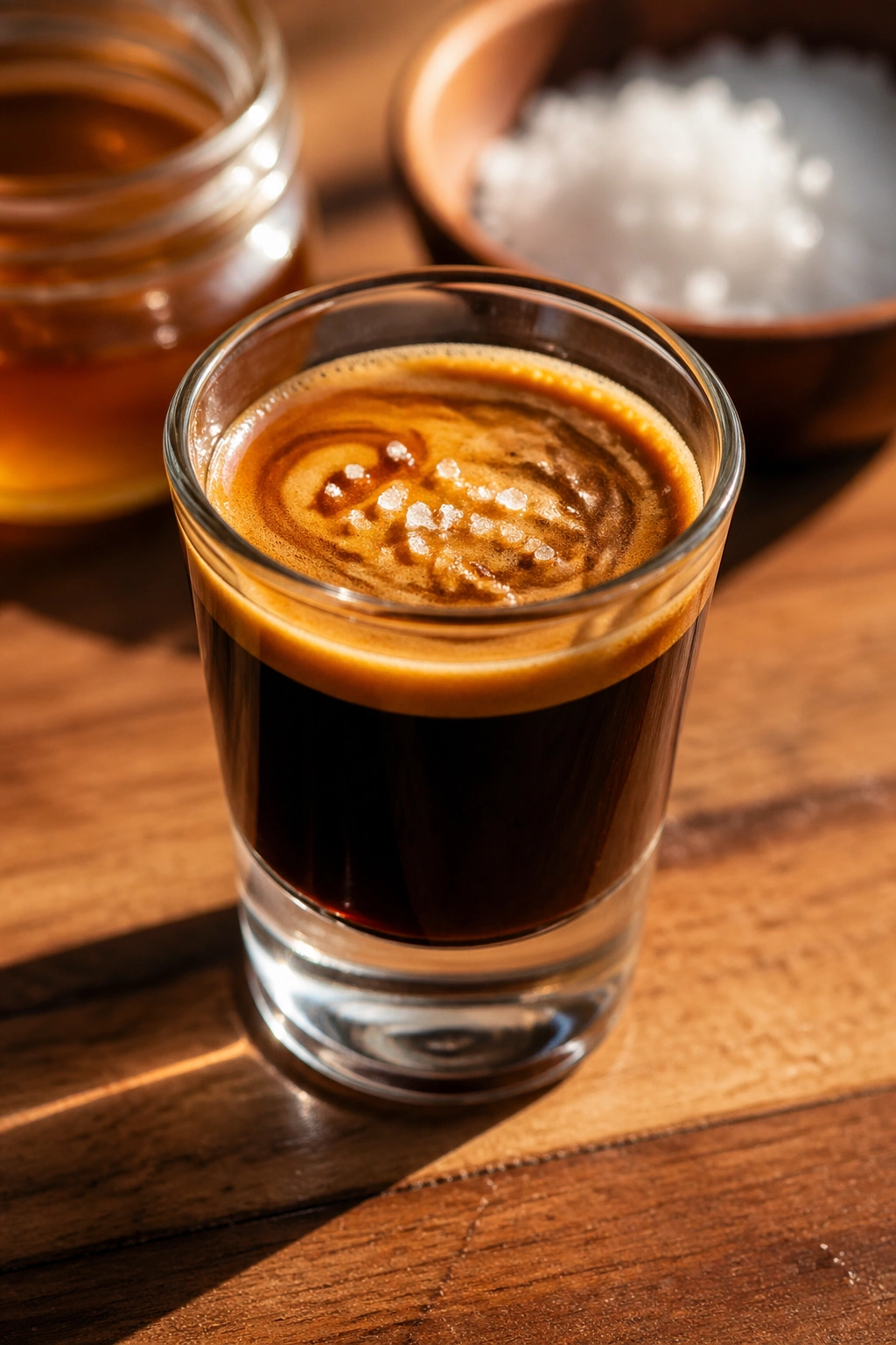 Close-up of espresso, honey, and sea salt shot in a glass on a wooden kitchen counter with warm light.