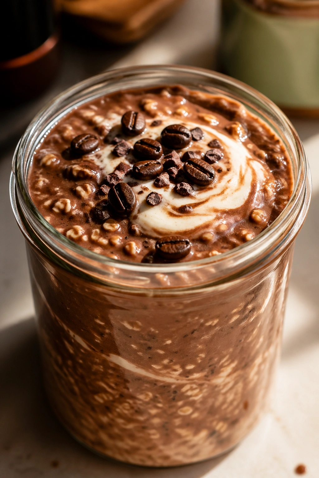Espresso Cacao Protein Oats in a jar with coffee and cocoa