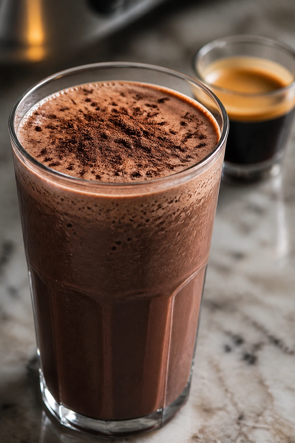 Keto espresso protein shake in a glass with espresso cup