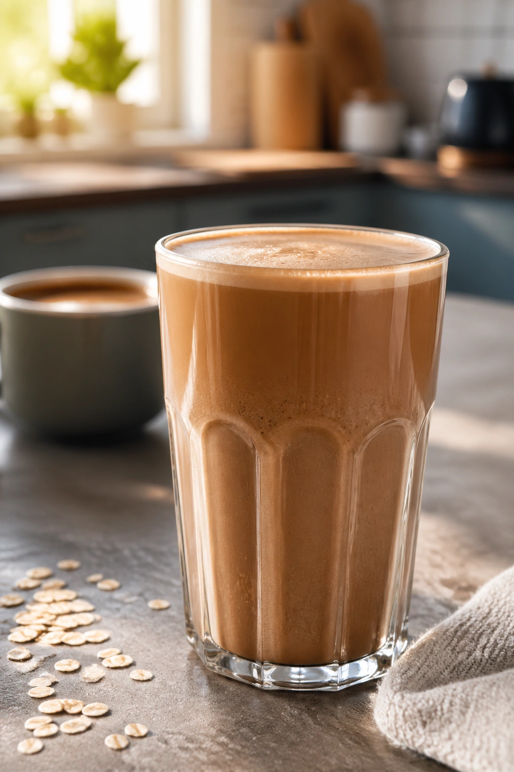 Close-up of oat milk espresso protein shake in glass on kitchen counter.