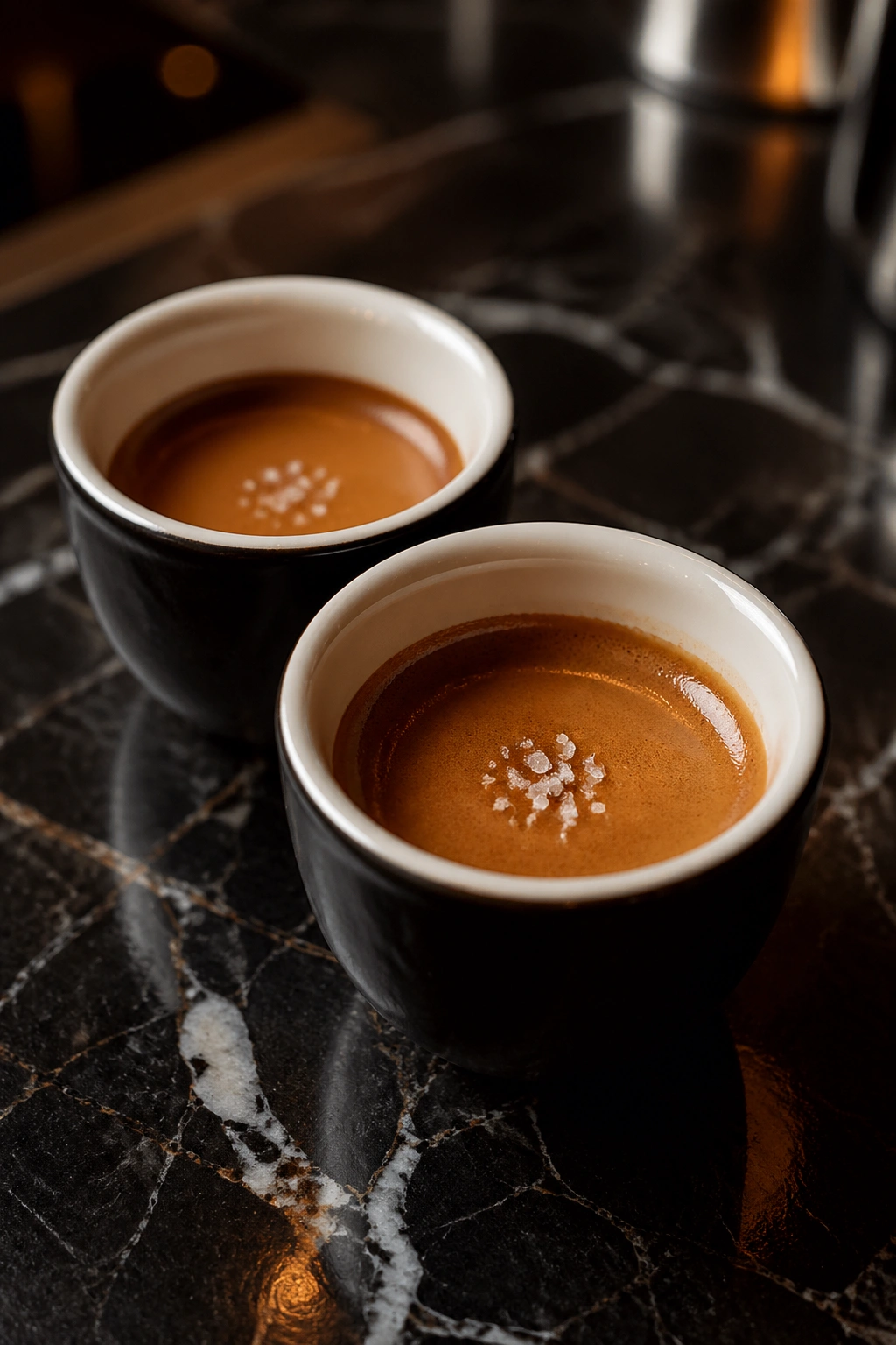 Two espresso shots with salt on crema in demitasse cups