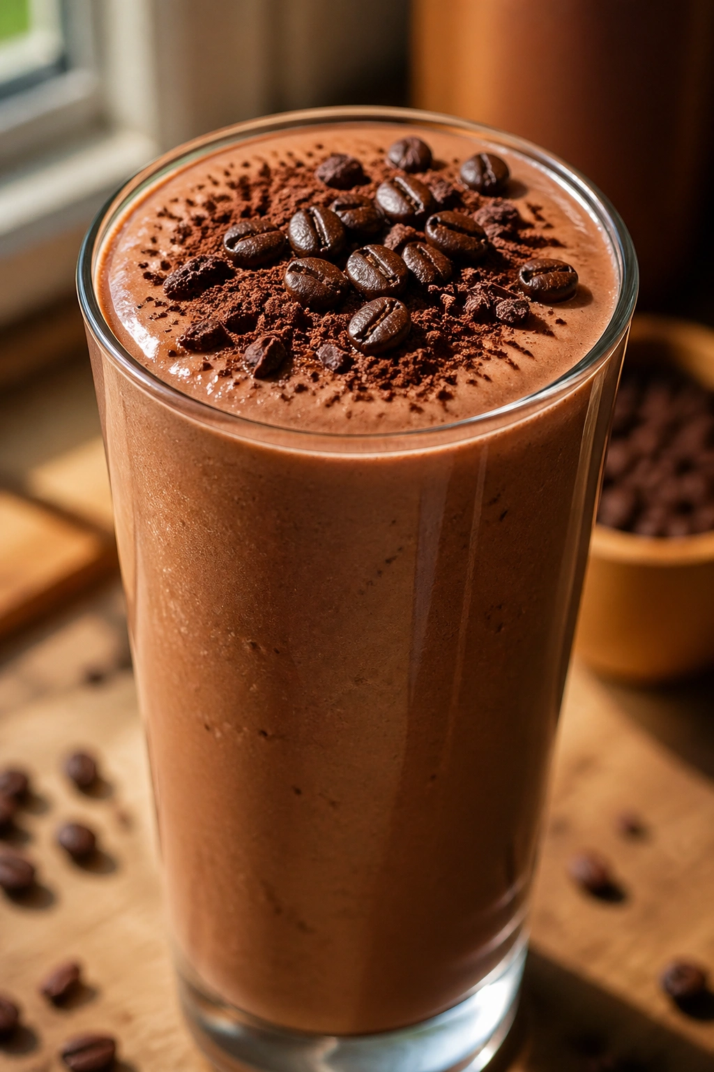 Close-up of a creamy espresso cocoa soy smoothie in a glass on a kitchen counter