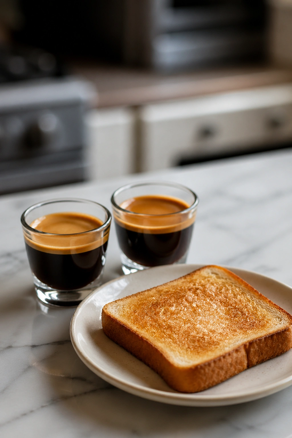 Close-up of espresso shots in small cups with a toast slice on a plate on a kitchen counter