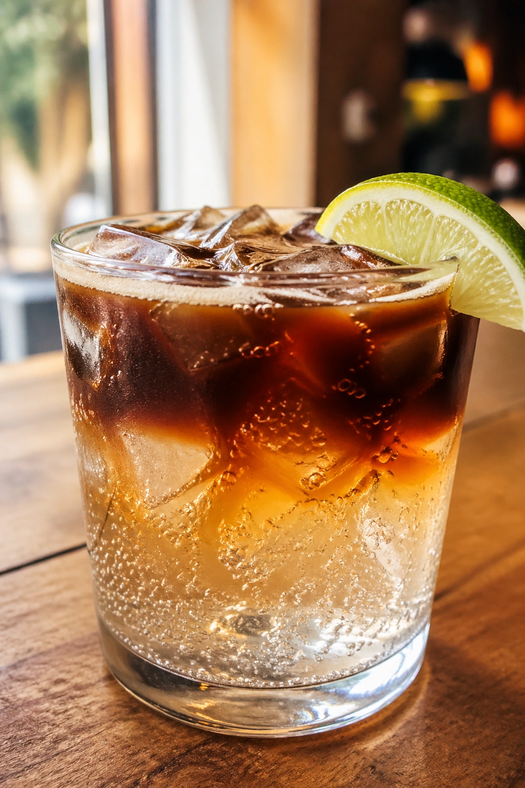 Close-up of espresso tonic in a glass with lime wedge on a cafe counter