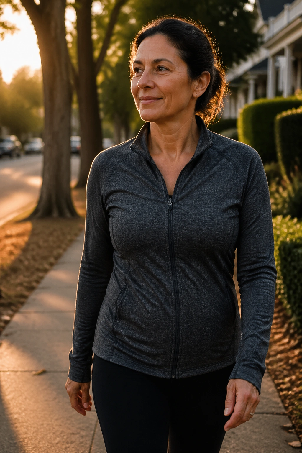 Person strolling on tree-lined street at golden hour