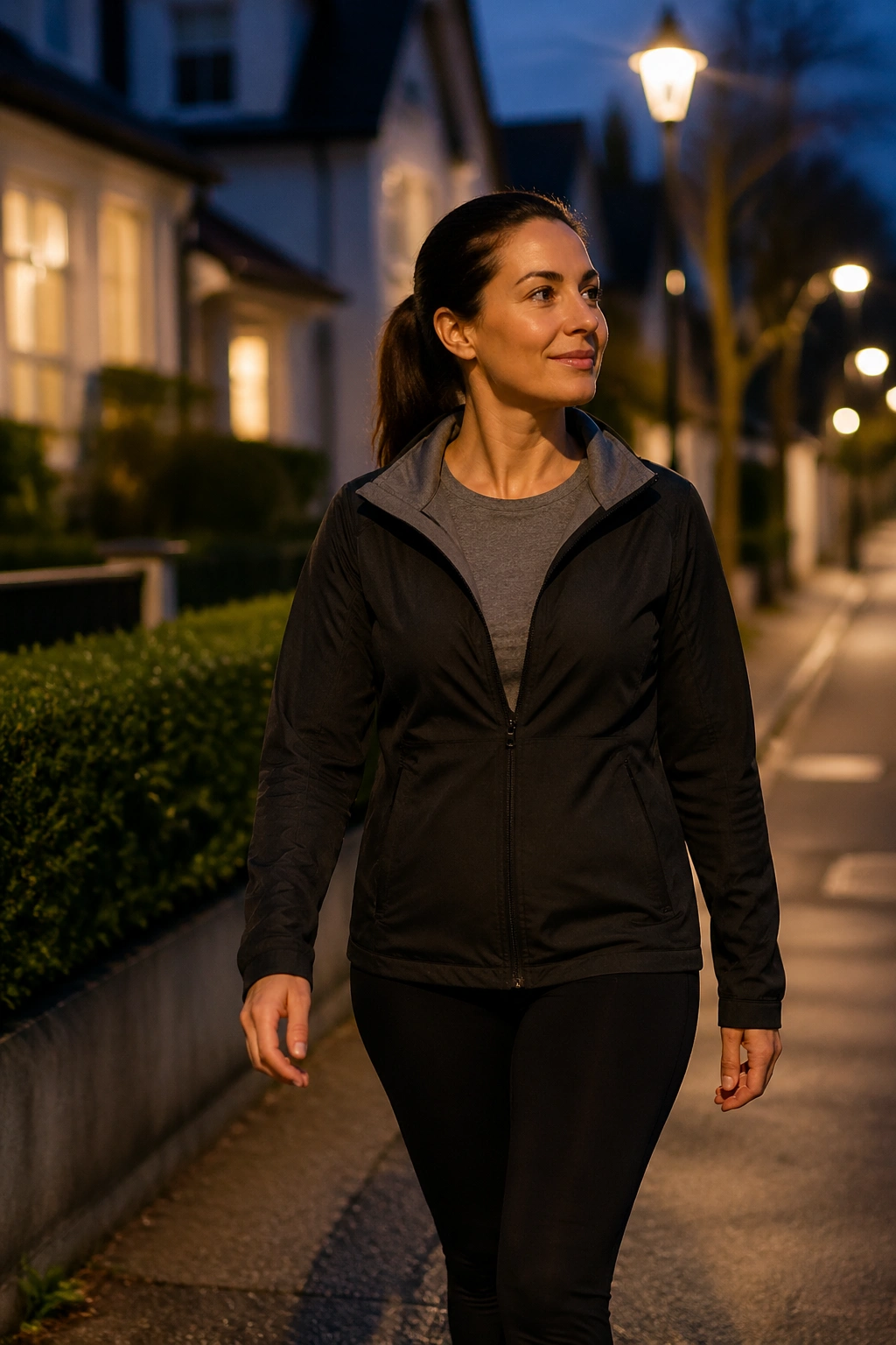 Person walking after dinner on a dimly lit neighborhood street
