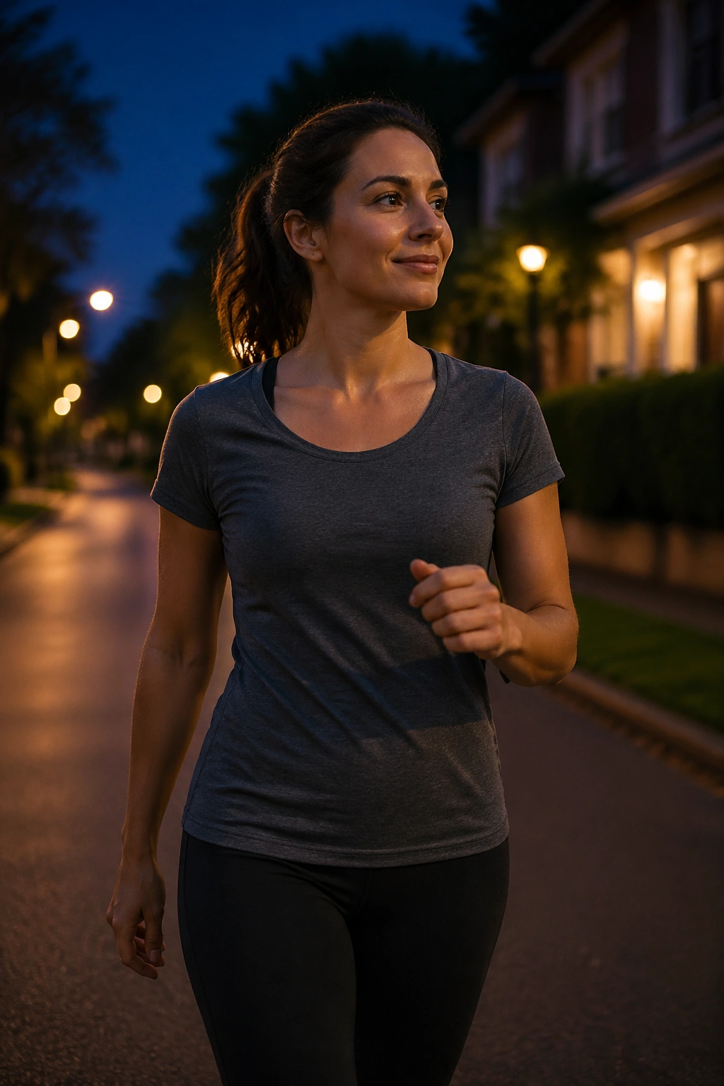Real person brisk walking after dinner on a quiet street at dusk.