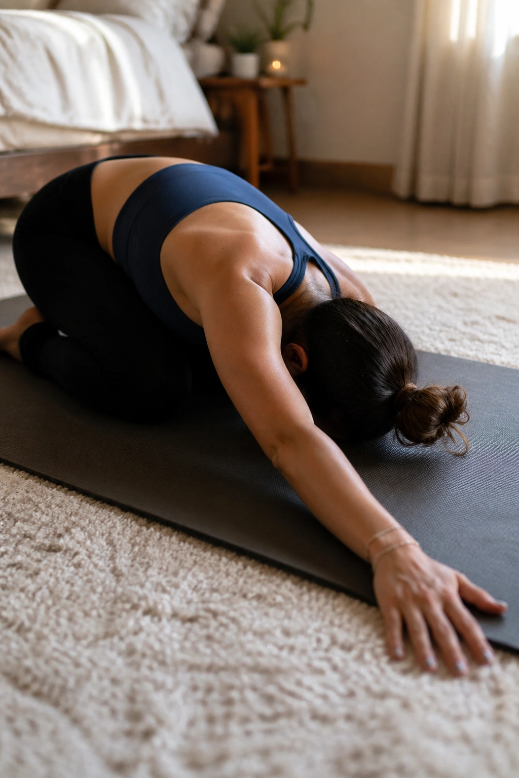 Real person in Extended Child’s Pose with side reach, stretching the left side of the torso.