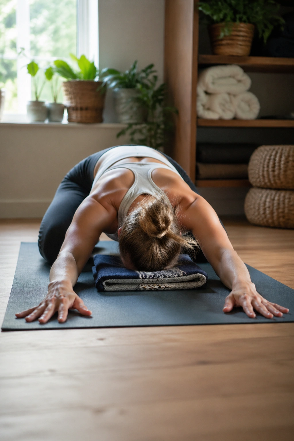 Real person in extended puppy pose stretching chest and shoulders