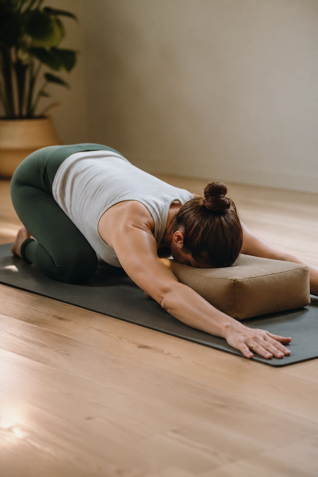 Close-up of Extended Puppy Pose with chest lowered on a mat