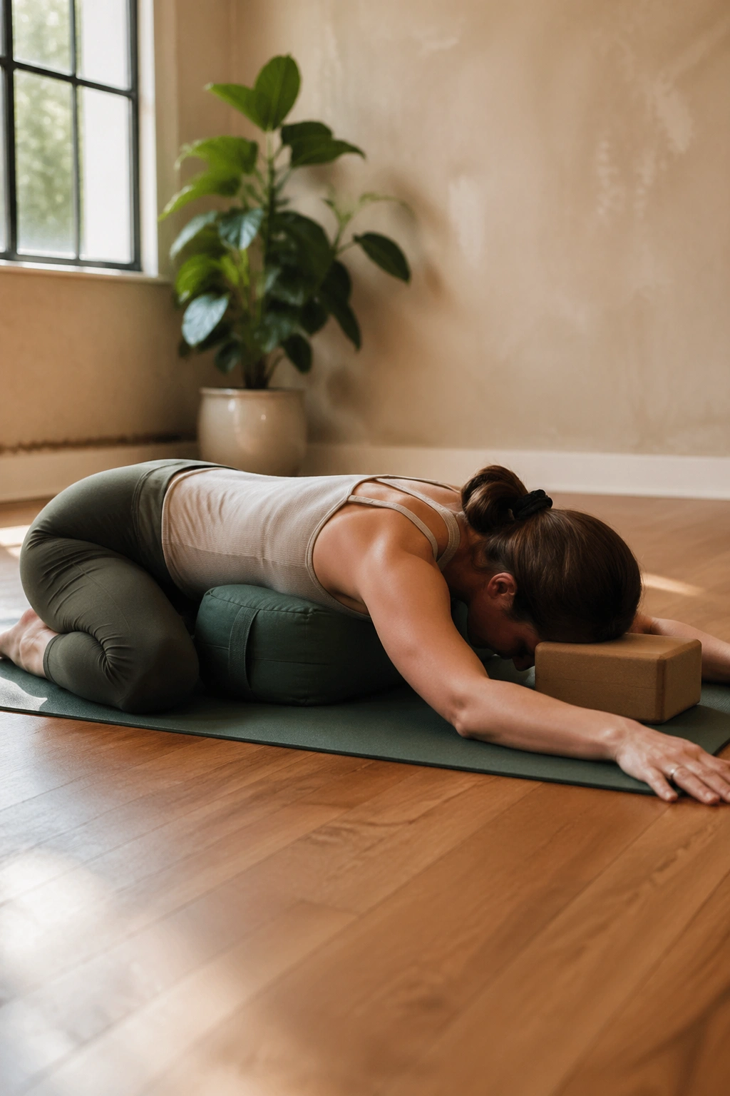 Person performing Extended Puppy Pose with forehead support on yoga mat