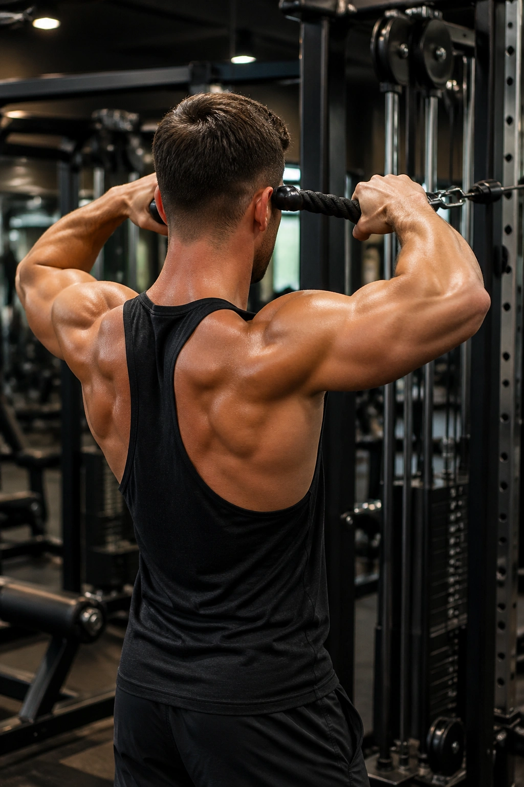 Mid-shot of a person performing a face pull with a cable rope, showing rear delts and upper back.