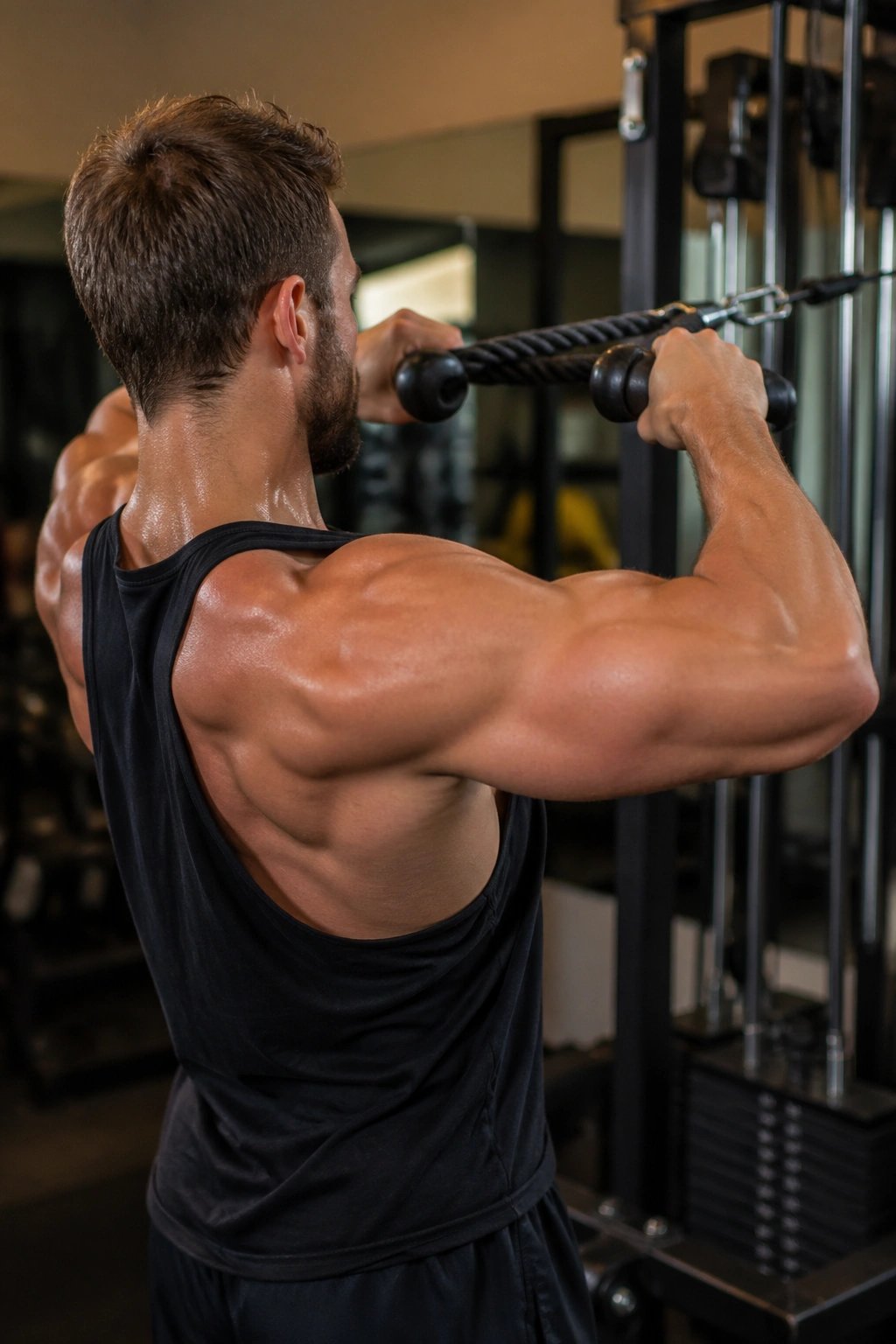 Close-up of a person performing a face pull at a cable station, highlighting rear delts and upper back in a gym.