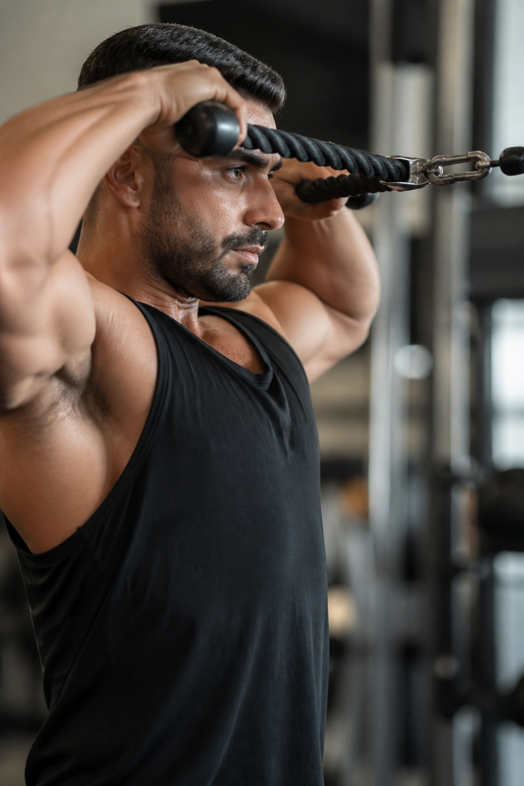 Person performing face pull with rope at cable stack in gym