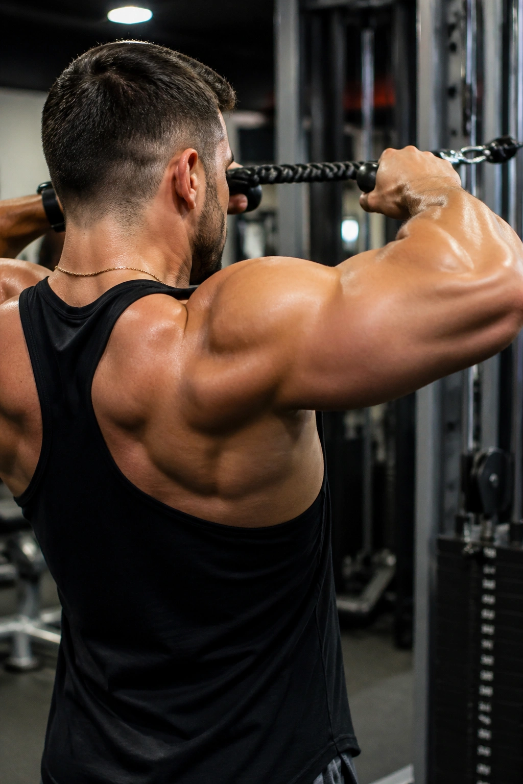 Individual performing face pulls targeting rear delts in a gym