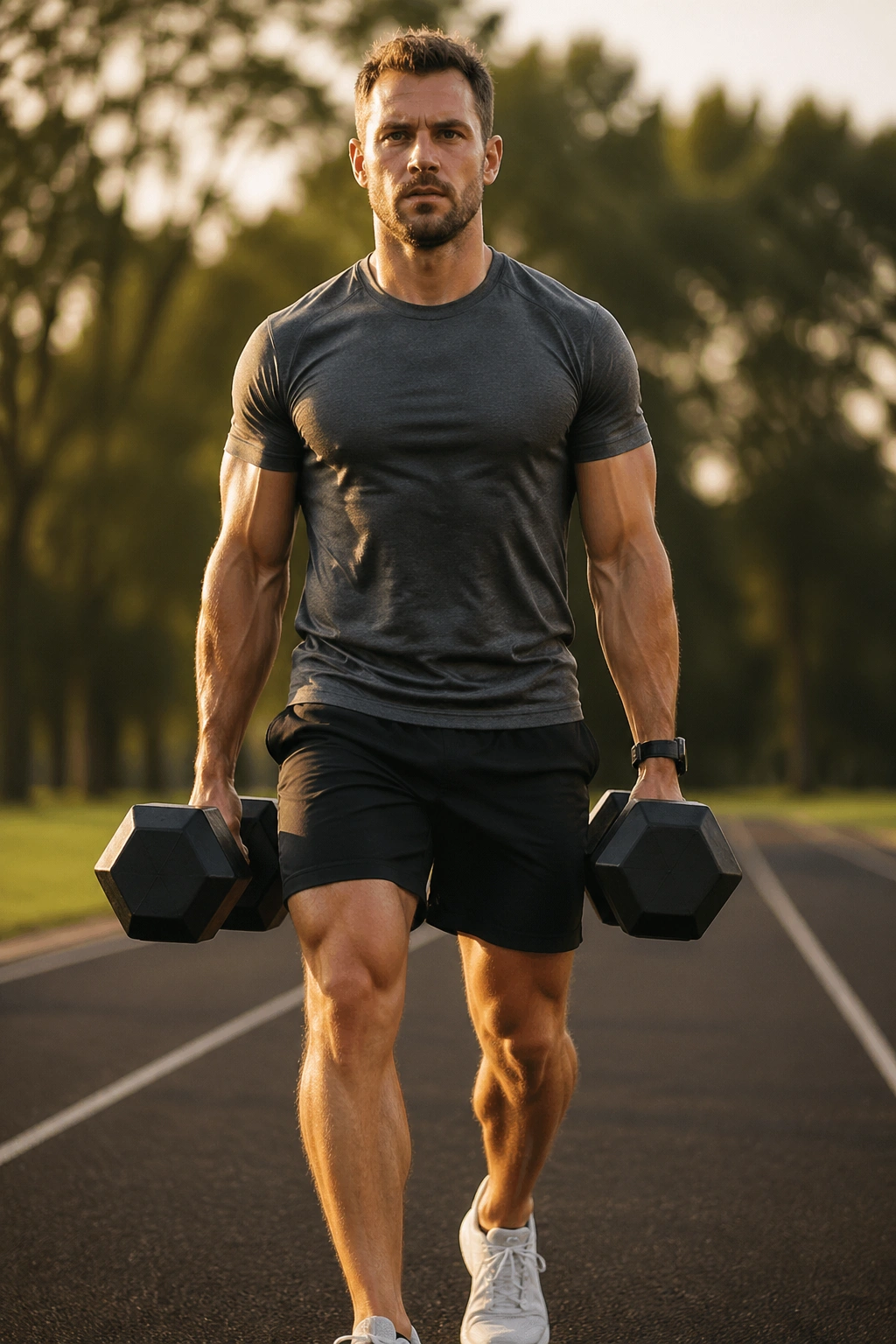 Real person performing farmer’s carries with heavy dumbbells, core braced, walking outdoors.