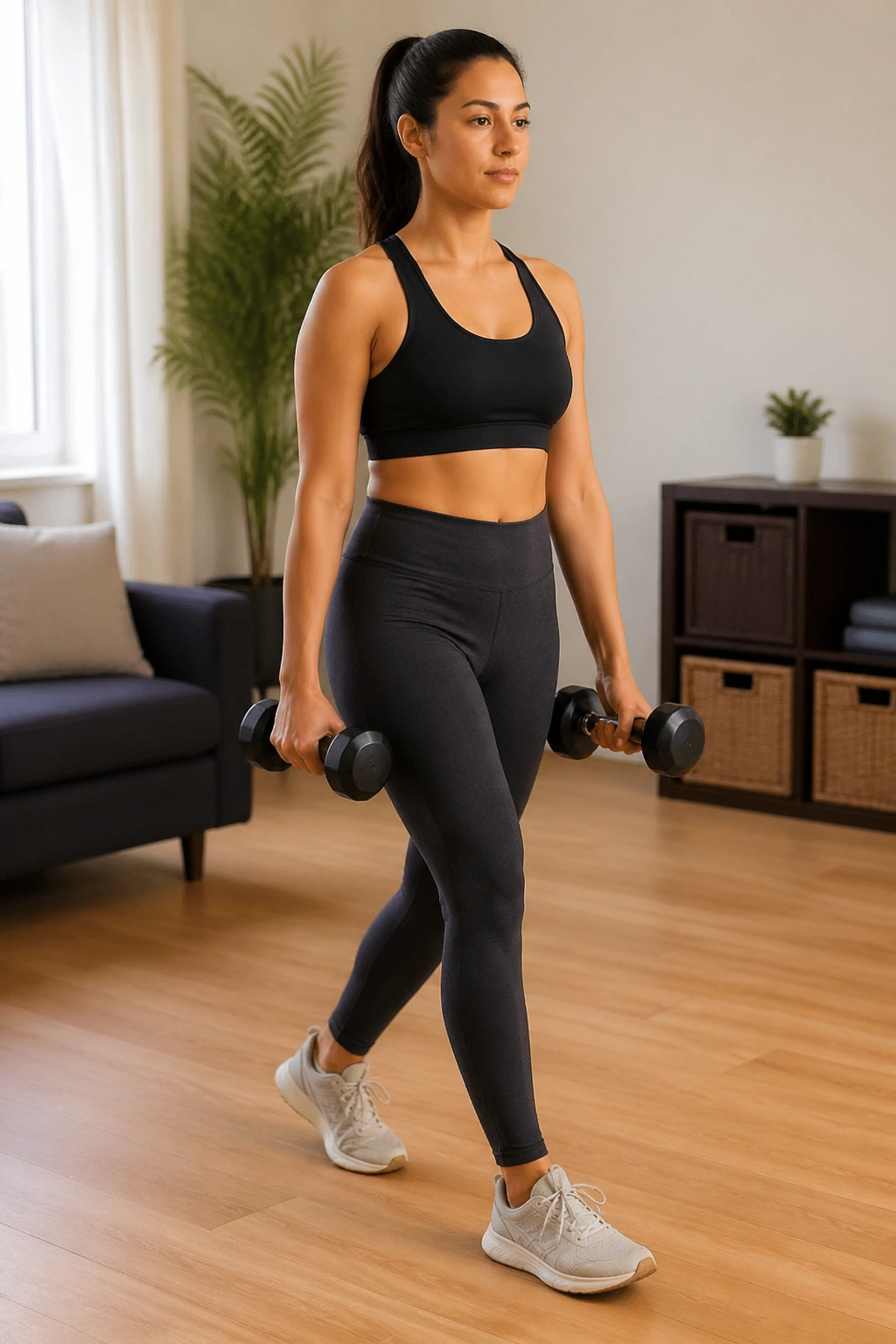 Person performing farmer carries with light dumbbells indoors, upright posture