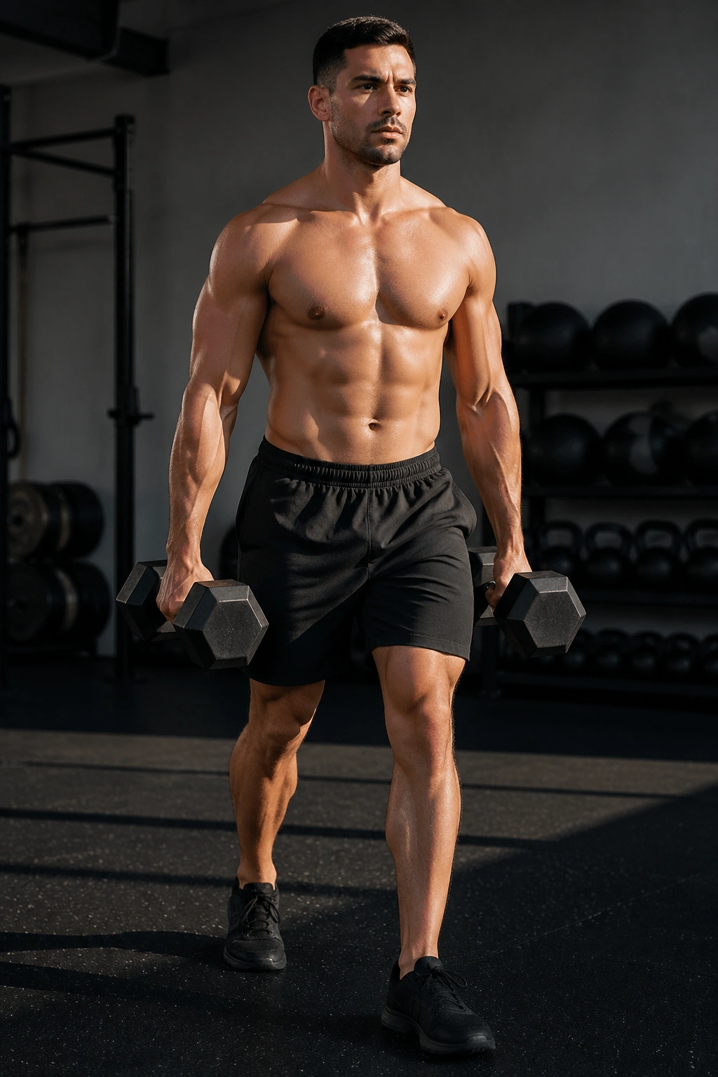 Person performing farmer carry with dumbbells, upright posture