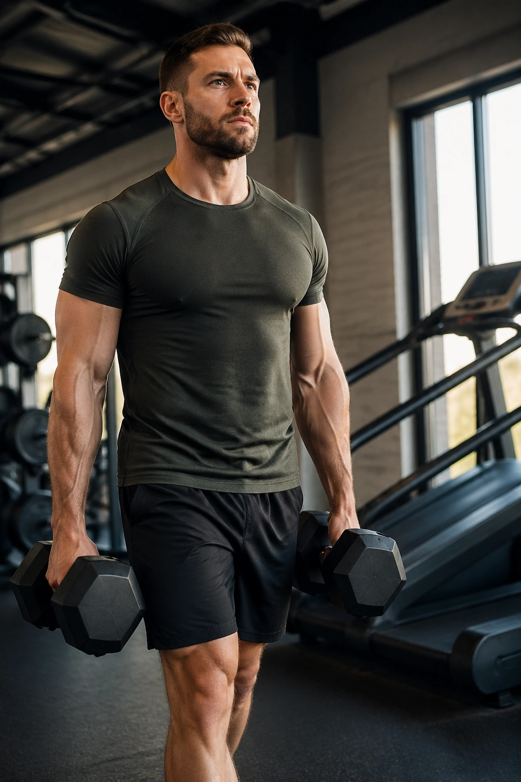 Close up of athlete performing farmer's carry on incline walk