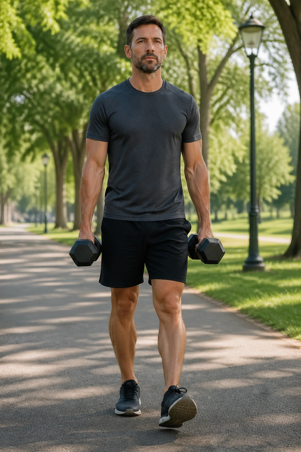 Person walking with dumbbells in each hand maintaining upright posture