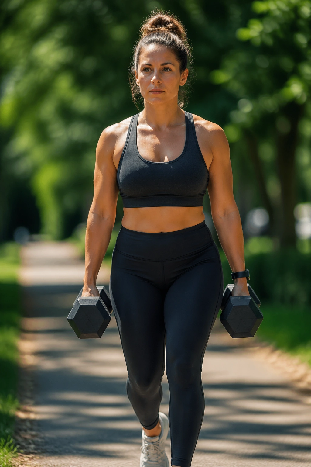 Close-up of a real woman performing a farmer’s carry with dumbbells outdoors