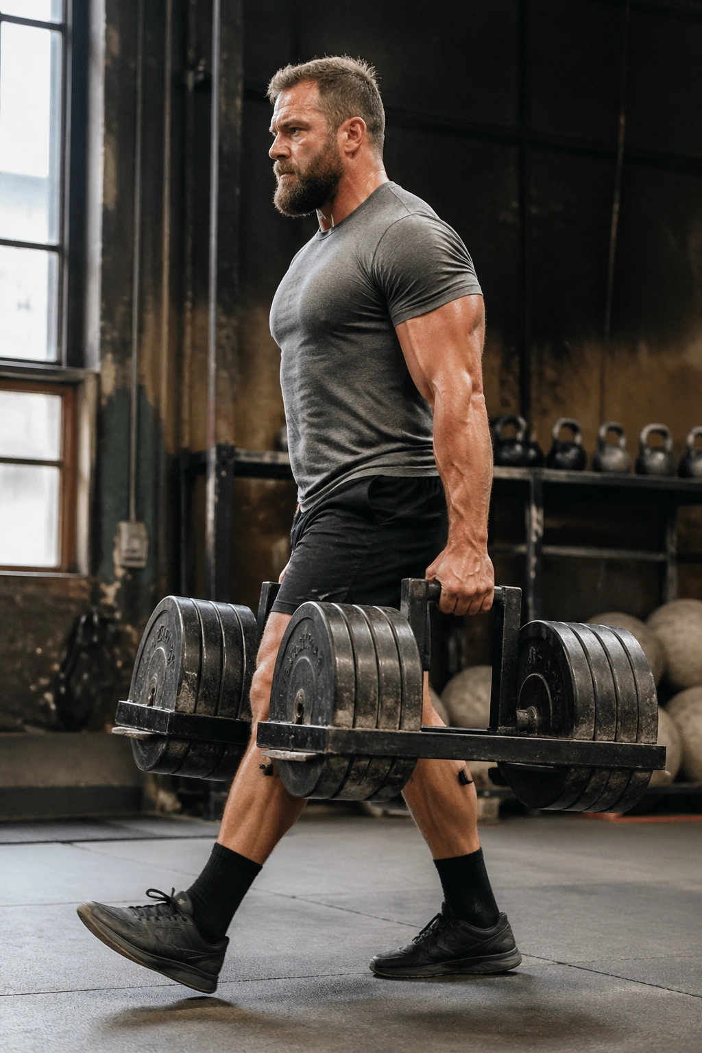 Lifter performing farmer's walk in gym/warehouse for Strongman Carries and Loading