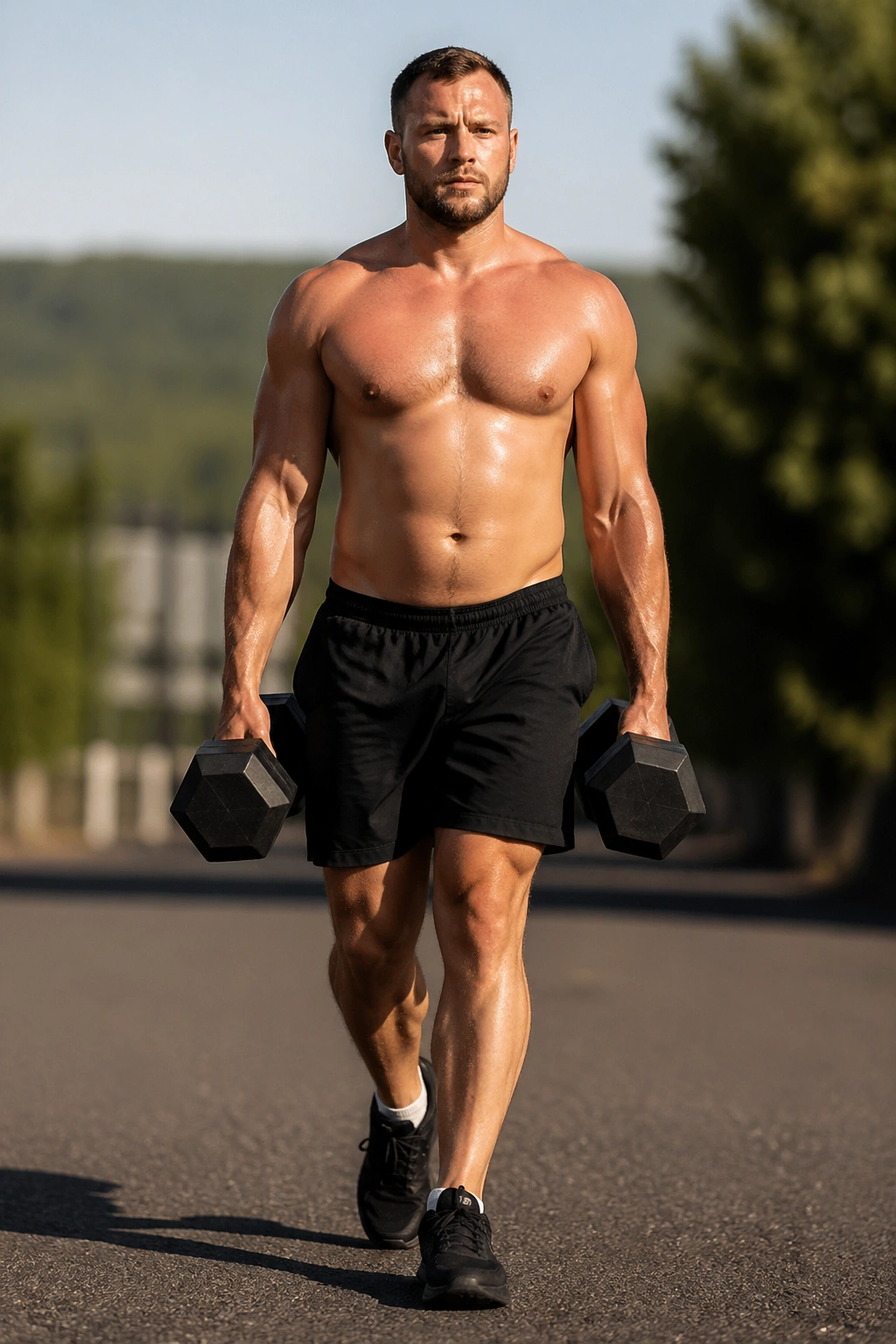 Real person performing farmer's carries with heavy dumbbells in a gym setting
