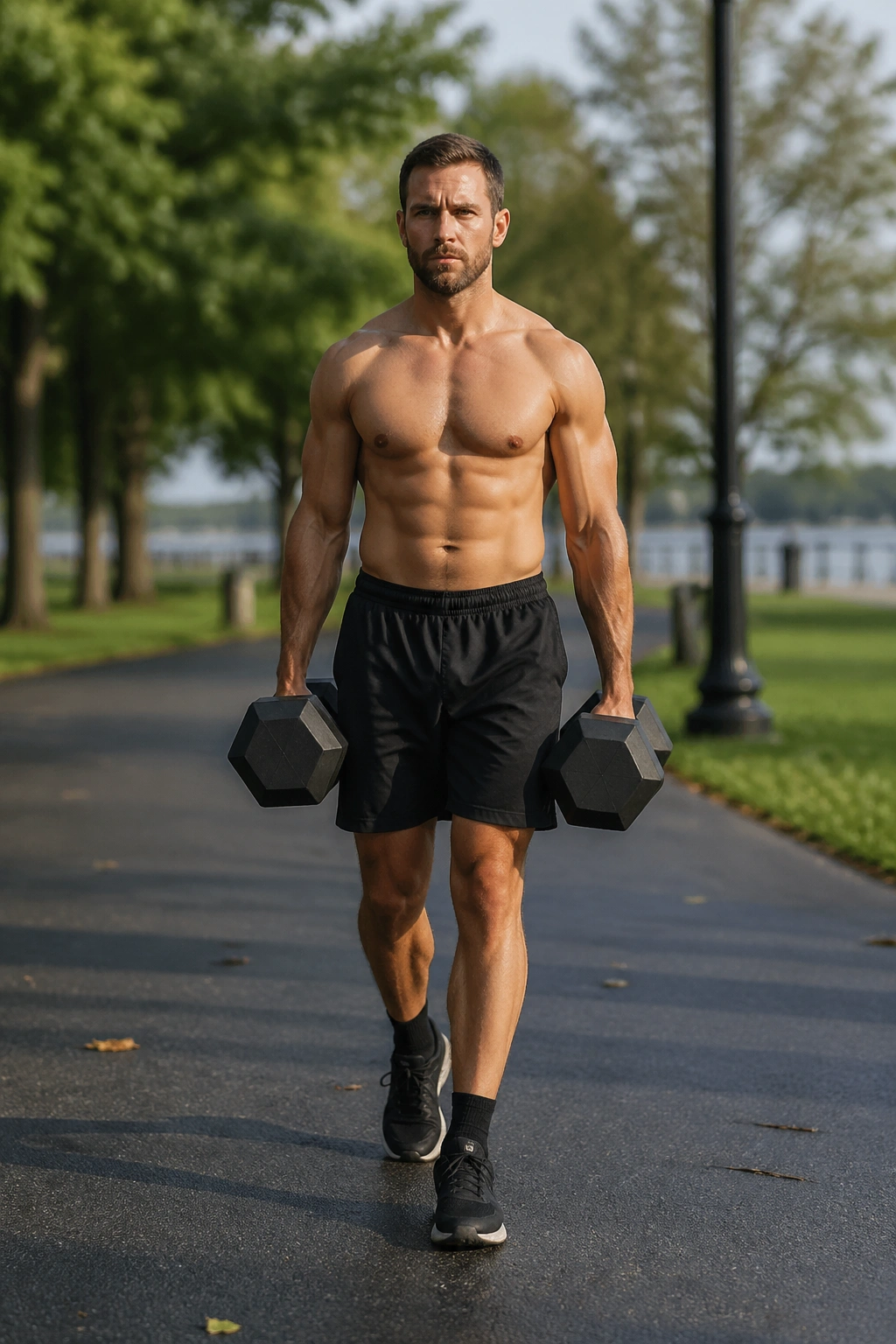Person performing farmer's carries with dumbbells in a gym setting