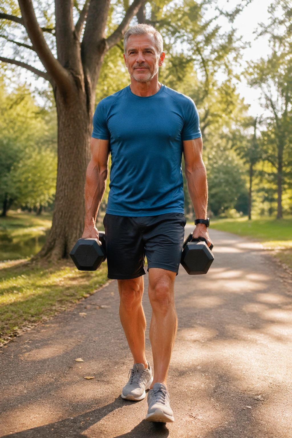 50+ man performing farmer's carries with dumbbells in a park