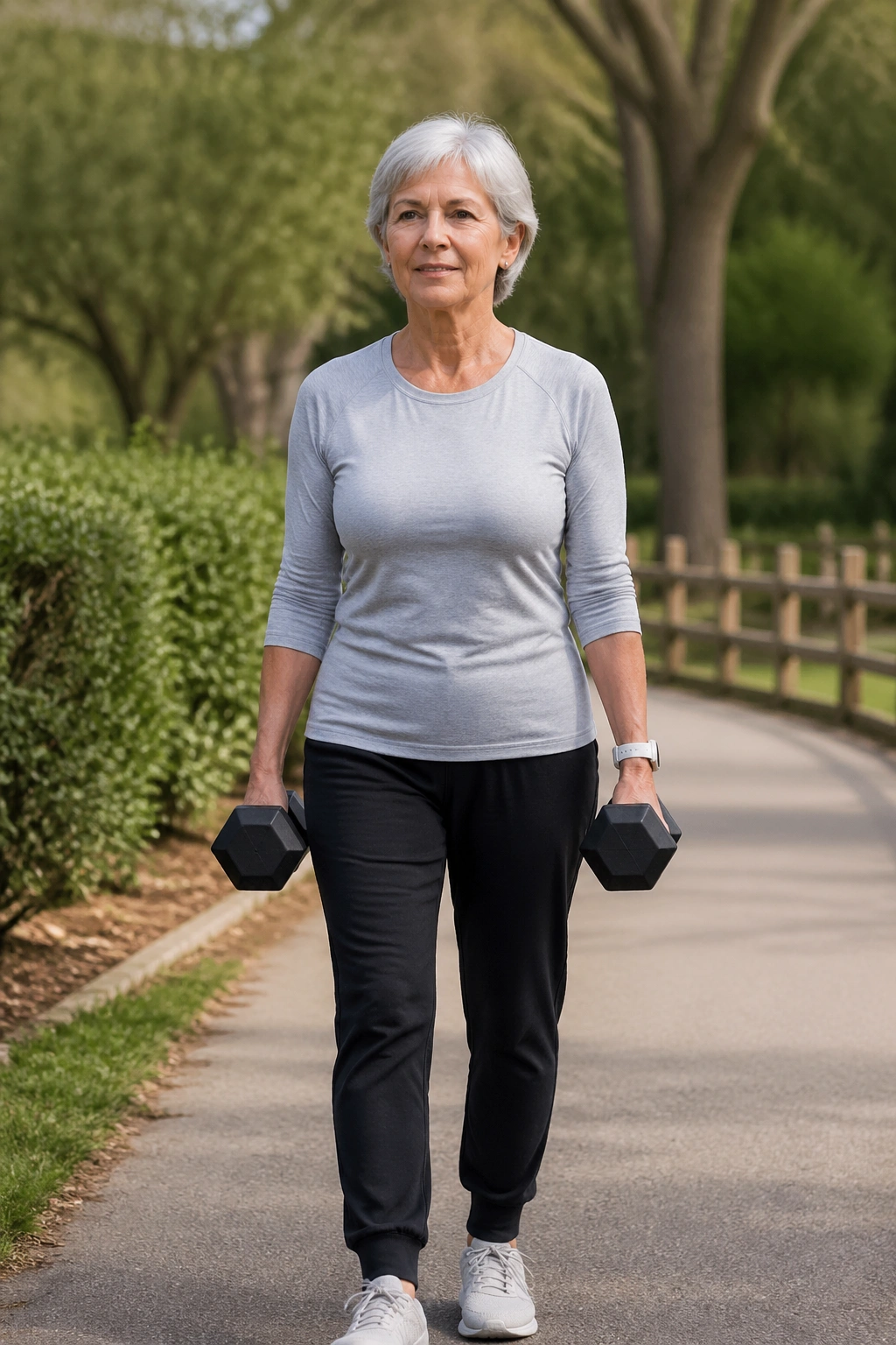 Older woman carrying weights in both hands walking in a park