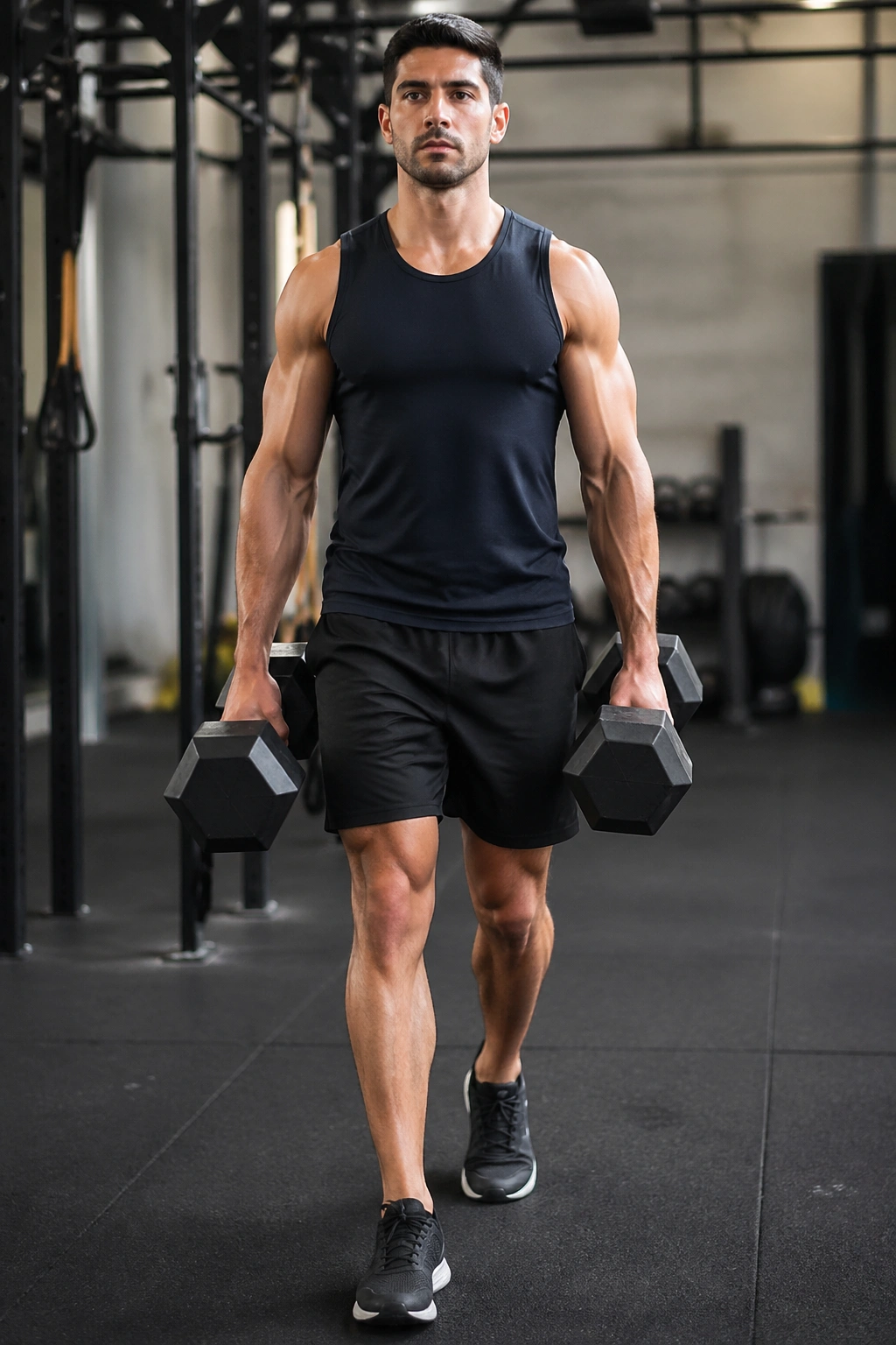 Person performing farmer’s carry with two dumbbells, upright posture, walking in gym
