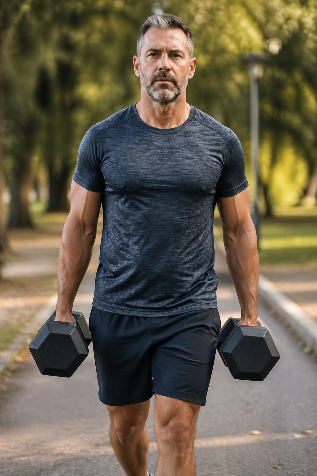 Medium close-up of a person carrying dumbbells during a farmer's carry
